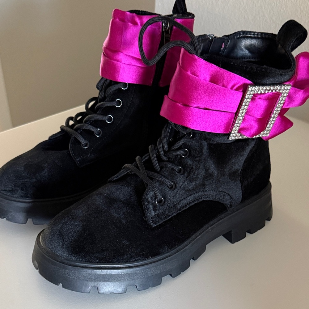 Betsey Johnson Velvet Black and Pink Combat Boots with Rhinestone Buckle